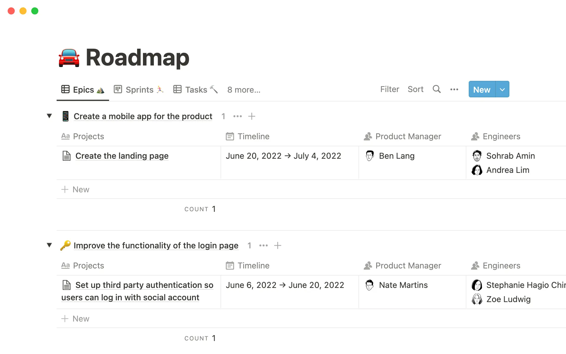 Epics, Sprints, and Tasks in Notion