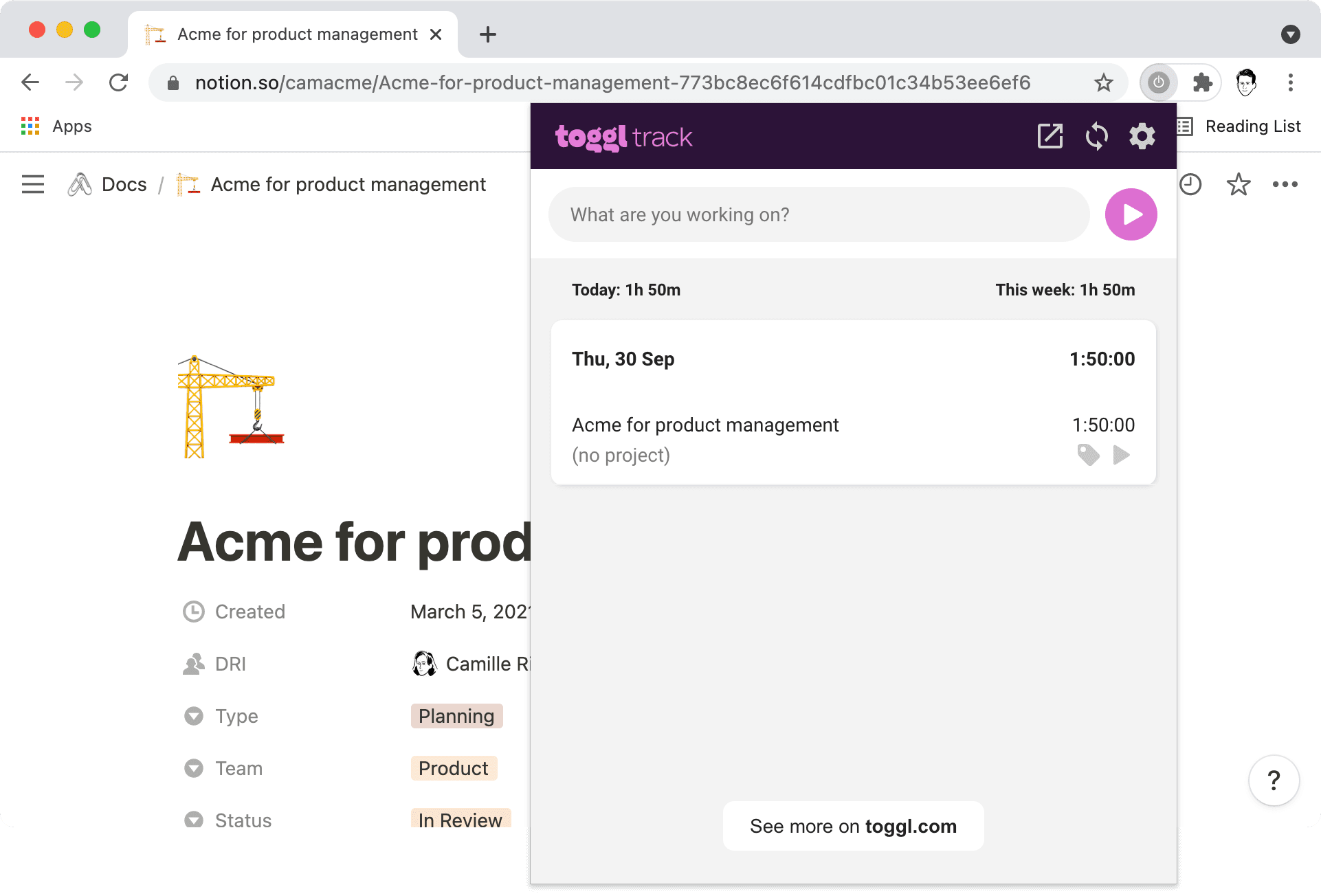 A Chrome Window with Tggle Track extension.